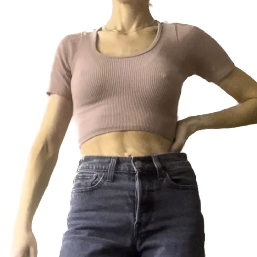 Dusty Rose Ribbed Cropped Short Sleeve Shirt | S - Picture 2 of 3
